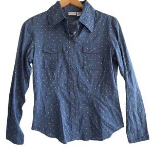 Newport News Button Down Shirt Blouse Size 6 Cotton Shimmer Blue Gold Dot